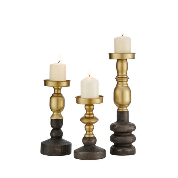 Antique Brass & Wood Candle Holders, Set of 3