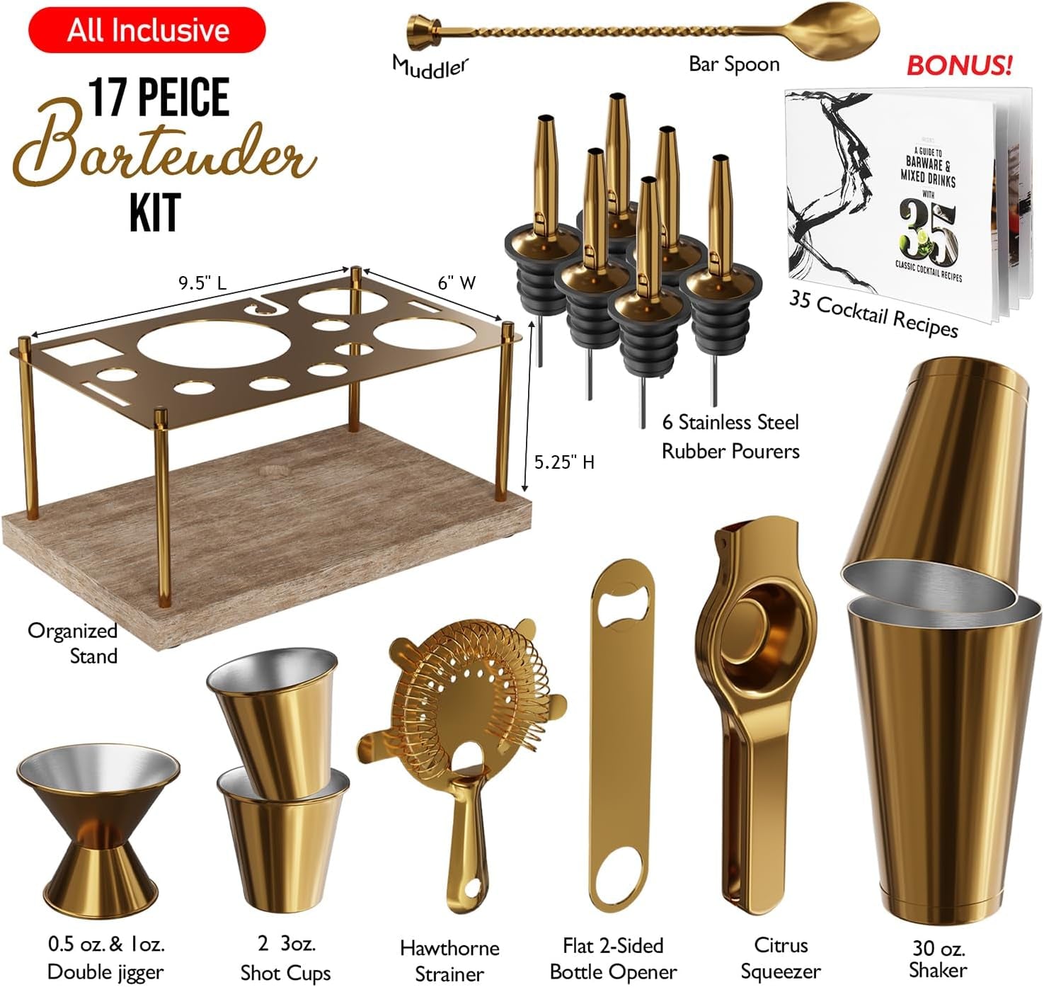 Gold Cocktail Set, 17 Pieces
