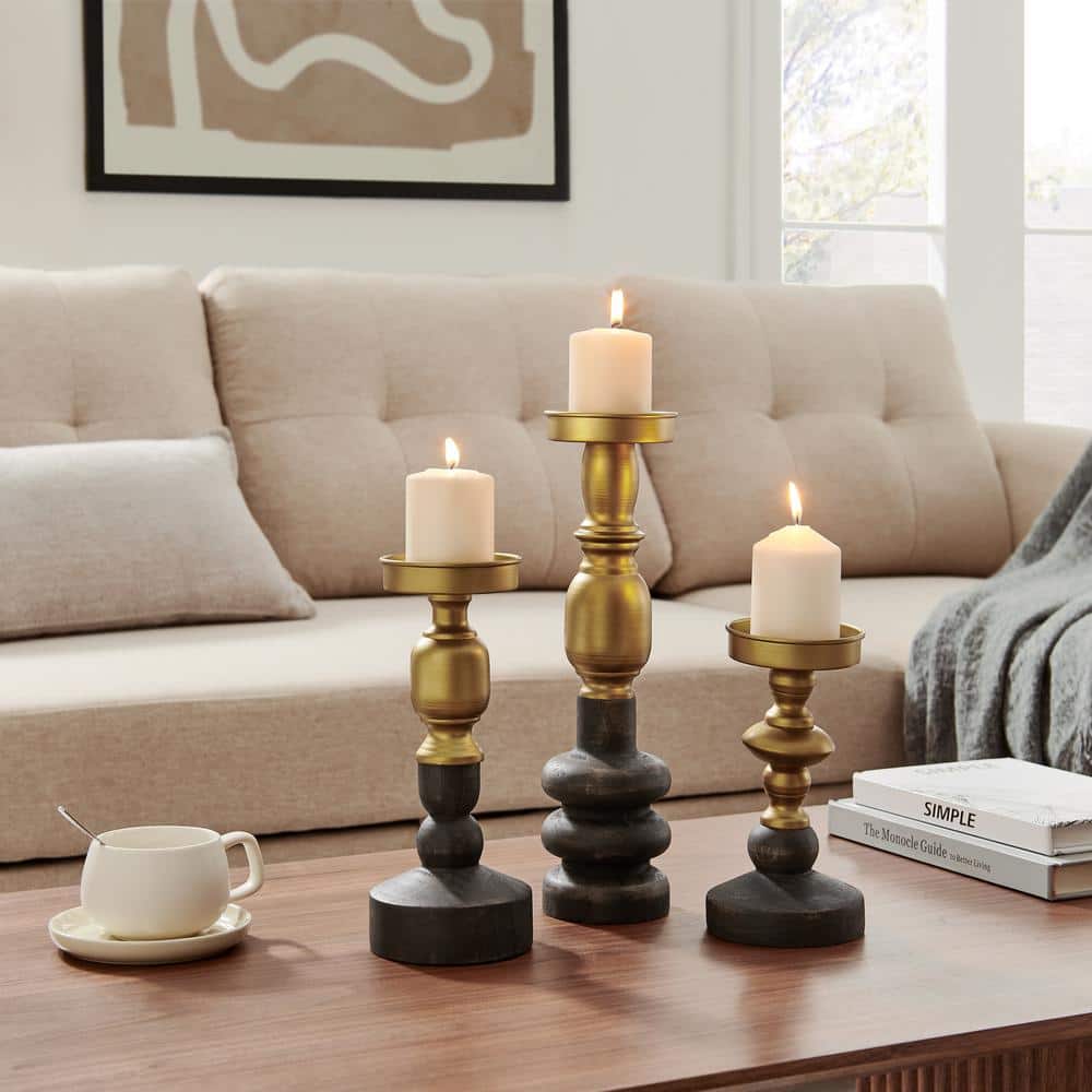 Nara Antique Multi-Colored Brass and Vintage Wood Taper Candlestick and Pillar Candle Holders - Set of 3