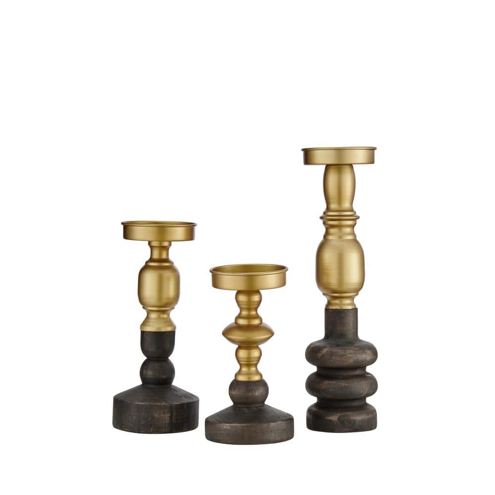 Nara Antique Multi-Colored Brass and Vintage Wood Taper Candlestick and Pillar Candle Holders - Set of 3