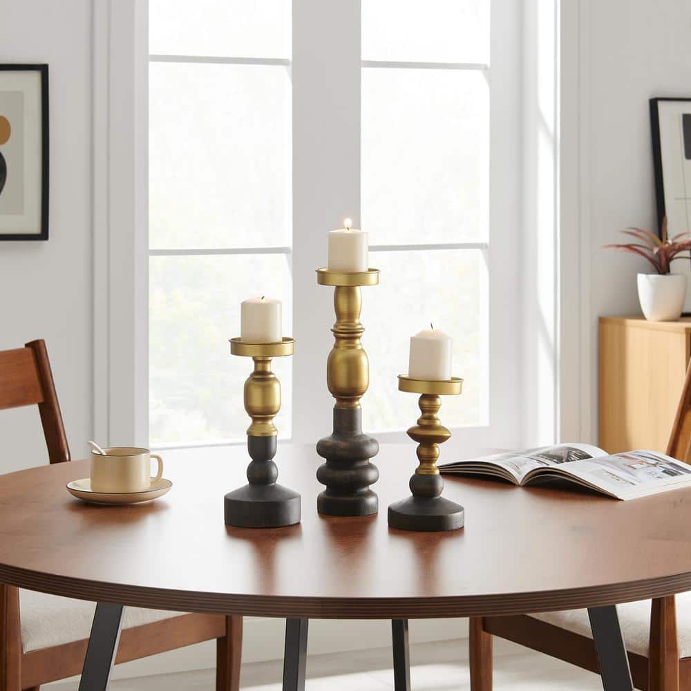 Nara Antique Multi-Colored Brass and Vintage Wood Taper Candlestick and Pillar Candle Holders - Set of 3
